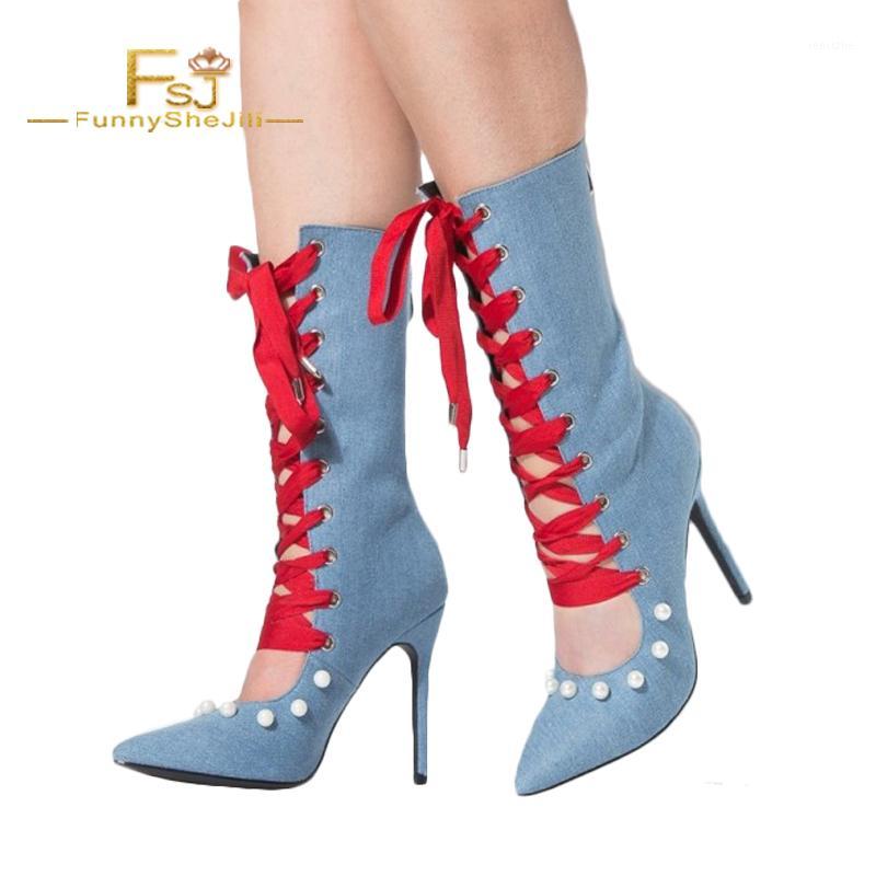 FSJ Fashion Women's Denim Boots Pointy Toe Stiletto Heels Lace up Boots with Pearl Back Zipper High Heels Women Mid-Calf1, Blue
FSJ Fashion Women's Denim Boots Pointy Toe Stiletto Heels Lace up Boots with Pearl Back Zipper High Heels Women Mid-Calf1, Blue