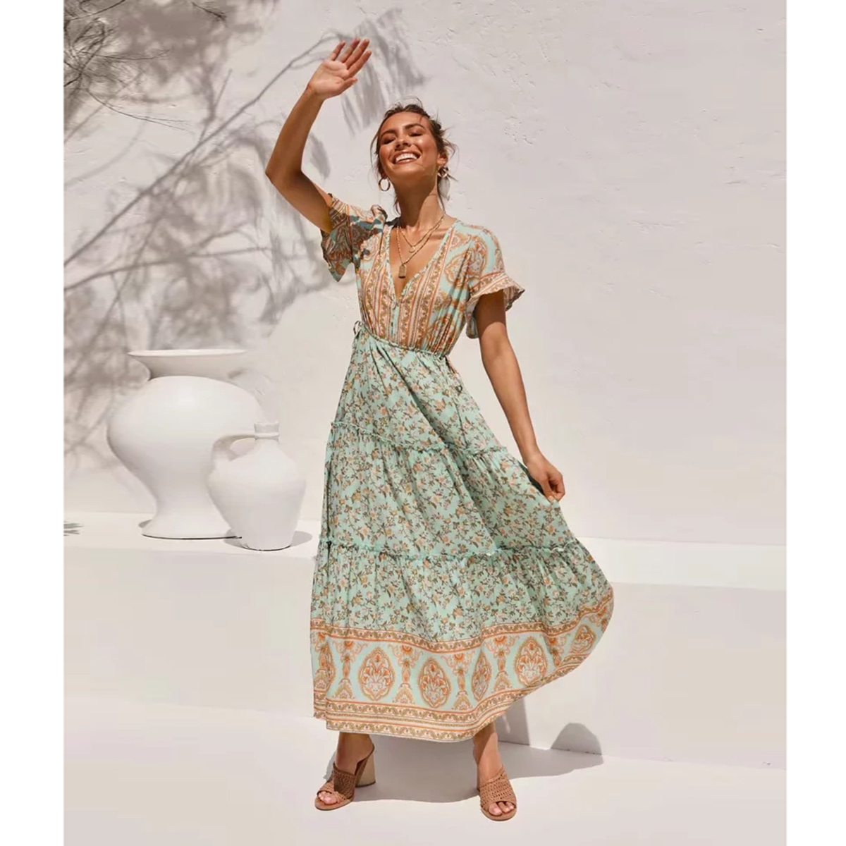 Jastie Boho Floral Printed Maxi Dress V Neck Sexy Ruffle Sleeve Vintage Vestidos Summer Hippie Beach Casual Women Dresses T200604