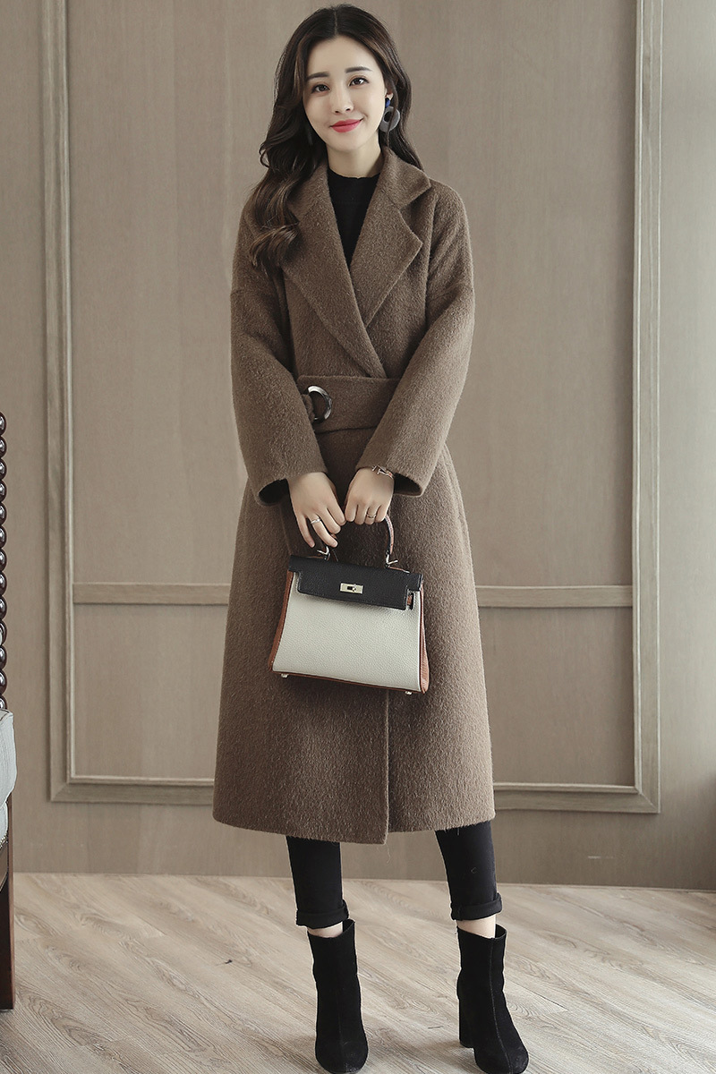 Winter Office Lady Belt Women Long Winter Wool Blend Coat Turn-down Collar Wool Coat And Jacket Loose Solid Outerwear 201027