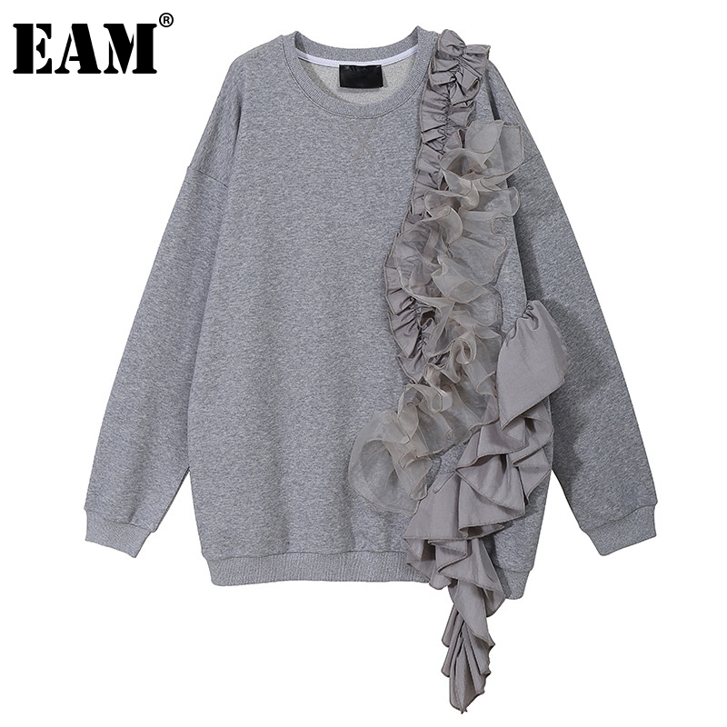 EAM Loose Fit Gray Ruffles Irregular Sweatshirt Round Neck Long Sleeve Women Big Size Fashion Spring Autumn 1DD0106 201202