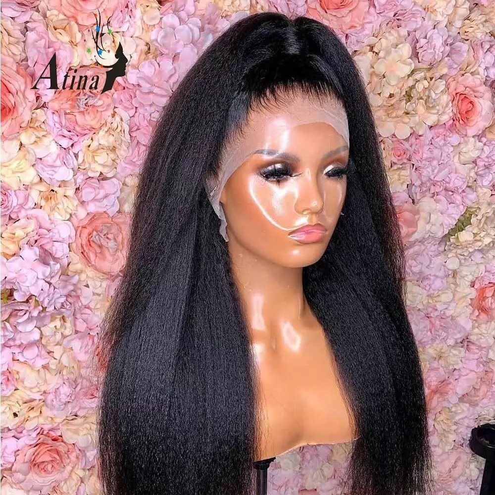 Free part Pre Plucked italian yaki synthetic lace front Wig Kinky Straight 13x4 Brazilian Invisible Lace Wig With Baby Hair