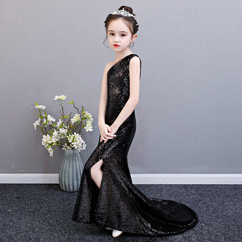 black sequin mermaid dress age for 3-14 yrs teenage girls one-shoulder vintage noble graduation gowns evening party kids frocks 201204
