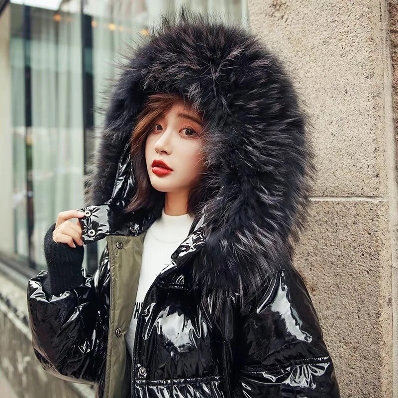 Fitaylor Real Natural Fur Patent Leather Winter Jacket Women Thicken Long Down Parka Hooded Female Duck Down Waterproof Coat 201214