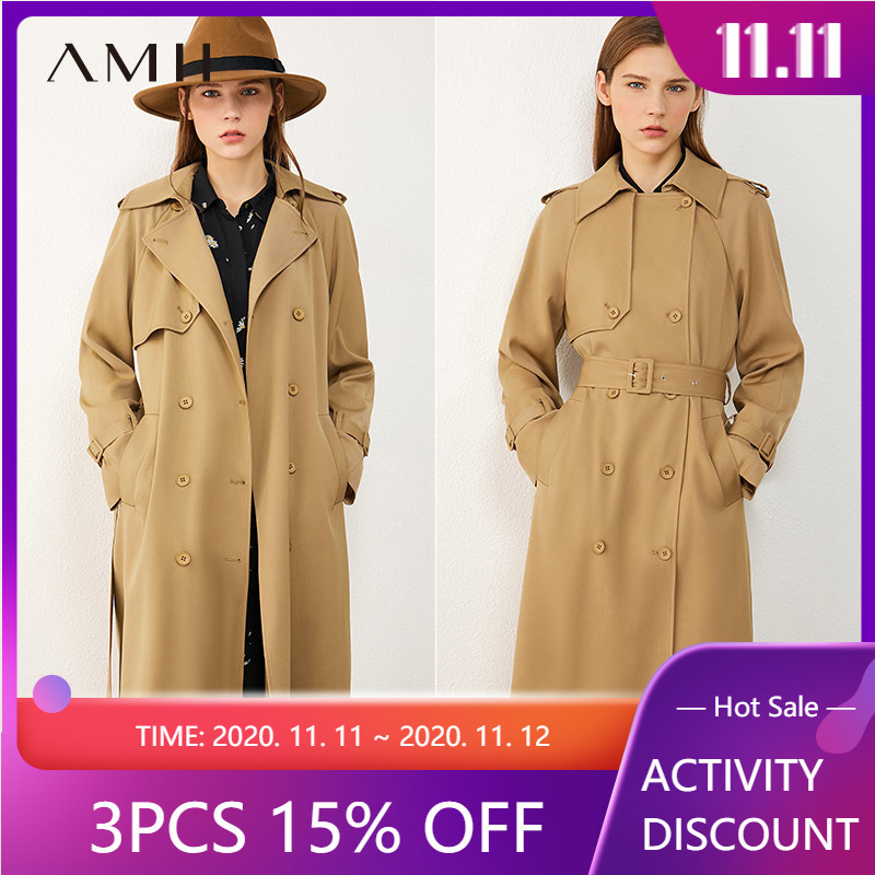 AMII Minimalism Autumn Winter Women's Windbreaker Fashion British Style Solid Lapel Belt Women's Trench Coat Women 12040443 201031