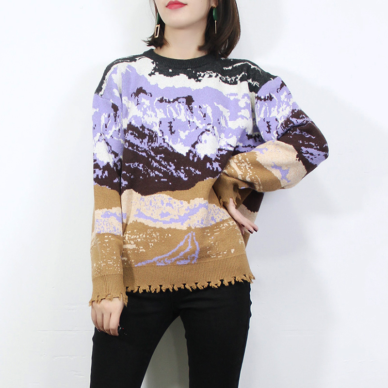 Sale promotion Women Jacquard-knit Sweater Dropped Shoulder Oversize Pullover Snow Mountain Landscape Sweater C-004 201111