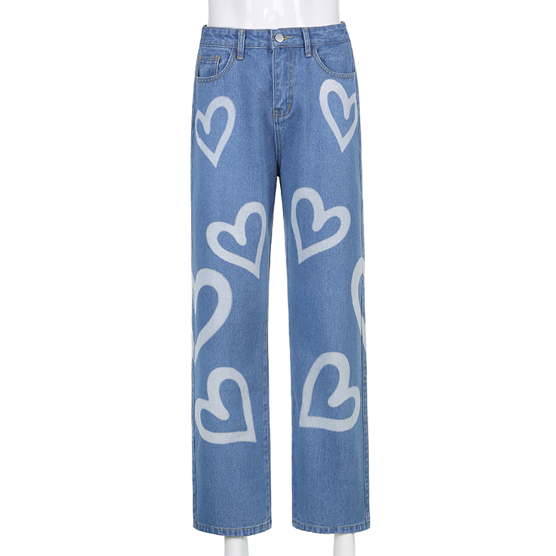 Women Causal Vintage Jeans Heart Printed Baggy Jeans Women High Waist Lady Jeans Denim Streetwear Trousers