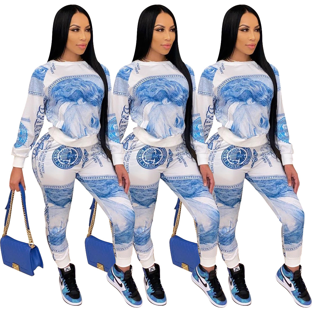 Women Designer Casual Two Piece Outfits Biden Dollar Printed Pants Two Piece Set Jogging Femme Tracksuit Matching Sets Homewear Streetwear, Blue
Women Designer Casual Two Piece Outfits Biden Dollar Printed Pants Two Piece Set Jogging Femme Tracksuit Matching Sets Homewear Streetwear, Blue