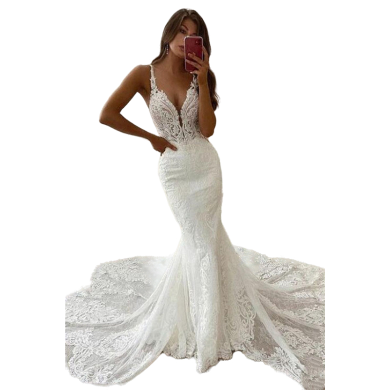 Bohemian Lace Mermaid Wedding Dresses Spaghetti Strap Soft Tulle Sexy Backless Long Bridal Gowns Sleeveless Boho Beach Bride Wedding Dress 2022