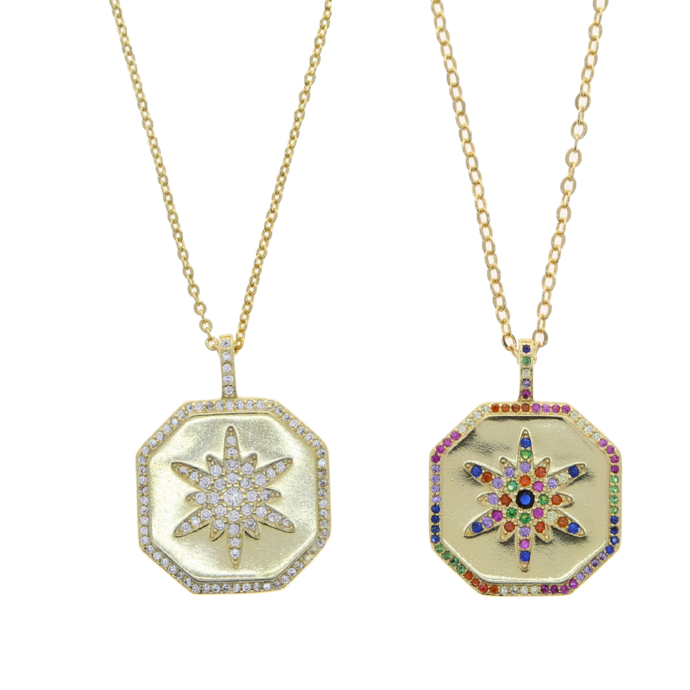Geometric Fashion European Women Jewelry Promotion Gold Color White Rainbow CZ Starburst Hexagon Coin Pendant Necklace