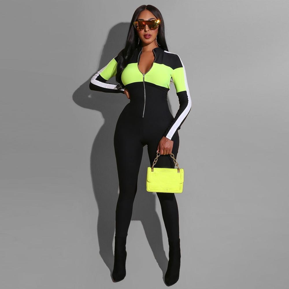 Sports Zipper Women Sexy One Piece Bodysuit Sports Deep V Colorblock Tight Long Sleeve Workout Gym suit Fitness Jumpsuit T200616