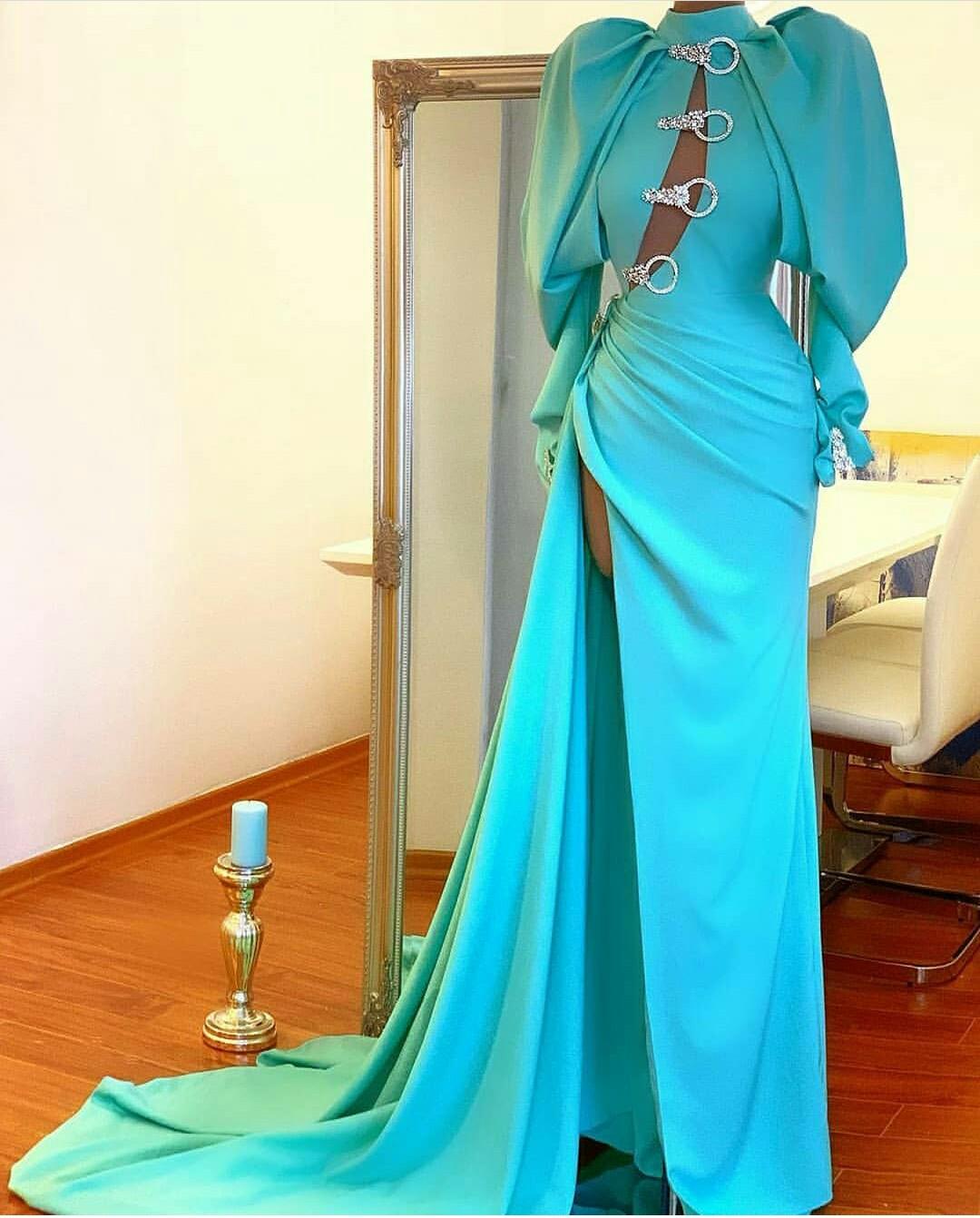 High Neck Blue Evening Dresses Long Sleeves Side Split Mermaid Prom Dress Custom Made Red Carpet Gowns