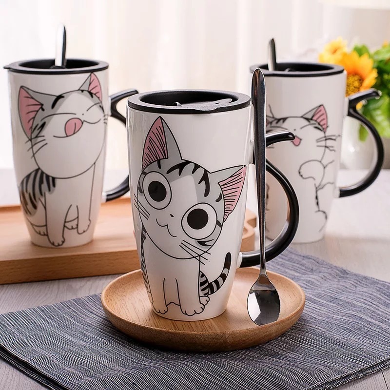 Drop shipping 600ml Creative Cat Ceramic Mug With Lid and Spoon Cartoon Milk Coffee Tea Cup Porcelain Mugs Nice Gifts LJ200821