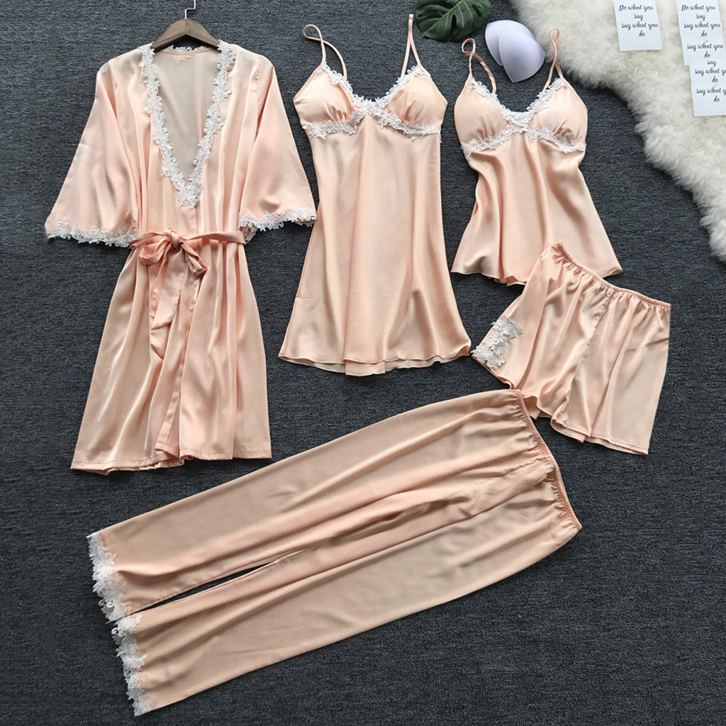 Sexy Women Robe&Gown Sets Lace Bathrobe + Night Dress 5Pcs Sleepwear Womens Sleep Lounge Set Faux Silk Robe Femme Lingerie *S 210203