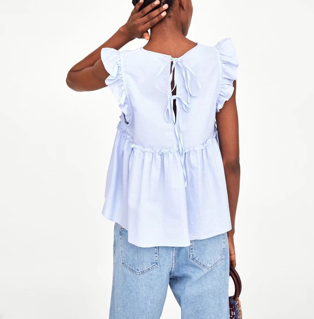 2019 Summer Women Ruffles Elegant Blouse Sweet V Neck Back Bow Tie Sleeveless Shirt Pleated Solid Casual Top T200321