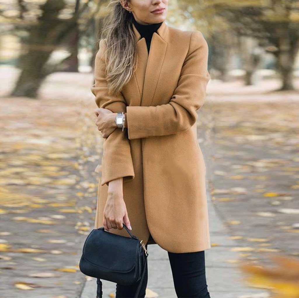 Plus size new women's wool long coat autumn winter standing collar jacket no button women coats 201112