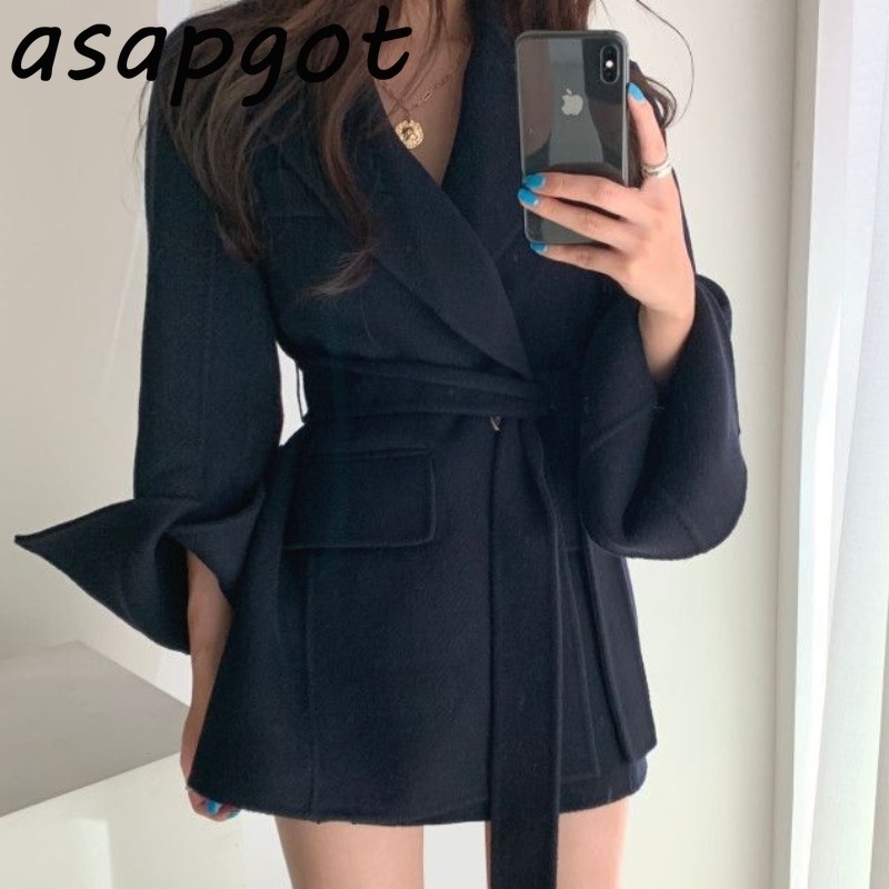 Elegant Temperament Waist Lace Up Slim Vintage Casual Woolen Loose Casual Thick Lapel Long Sleeve Jackets Women Winter Coat Belt 201112