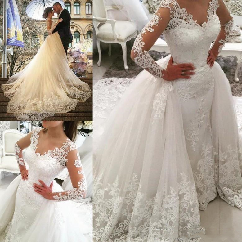 Luxury Country Lace Wedding Dresses Bridal Gowns with Detachable Train Overskirts Appliqued Long Sleeves Vintage V Neck Plus Size Bride Dress Vestido 