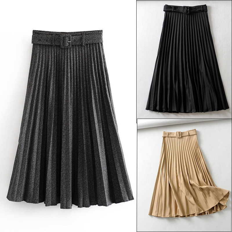 Women Pleated Skirt Autumn Winter High Waist Belt Solid Color Zipper Lady Skirts Elegant Female Saias Loose Mid-length Skirt T200113