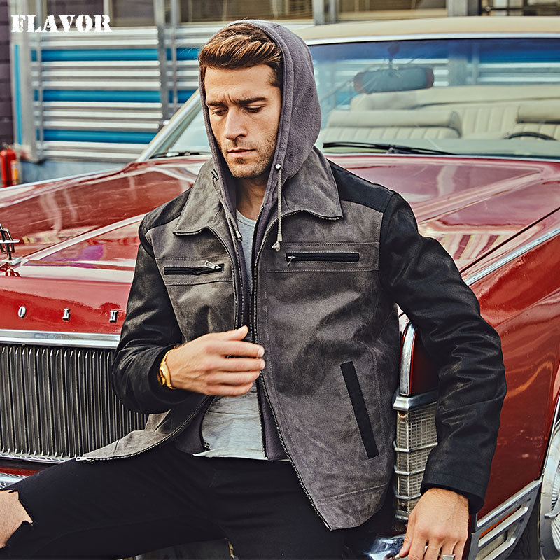 FLAVOR Men's Genuine Leather Jacket with Detachable Hood Men Real Leather Motorcycle Coat 201128