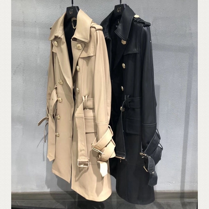 European Style Women Coats Natural 100% Sheepskin Genuine Leather Long Real Sheepskin Windcoat Female Double Breasted Coat 201030