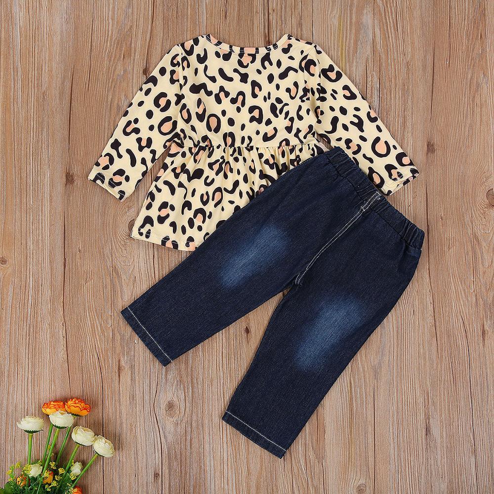 ZWF433 Girls Beige Leopard Printed Pattern Long Sleeve Round Collar Top + Long Jeans Set Kids Outfits Set For Kid Girl 3-10YearsX1019
