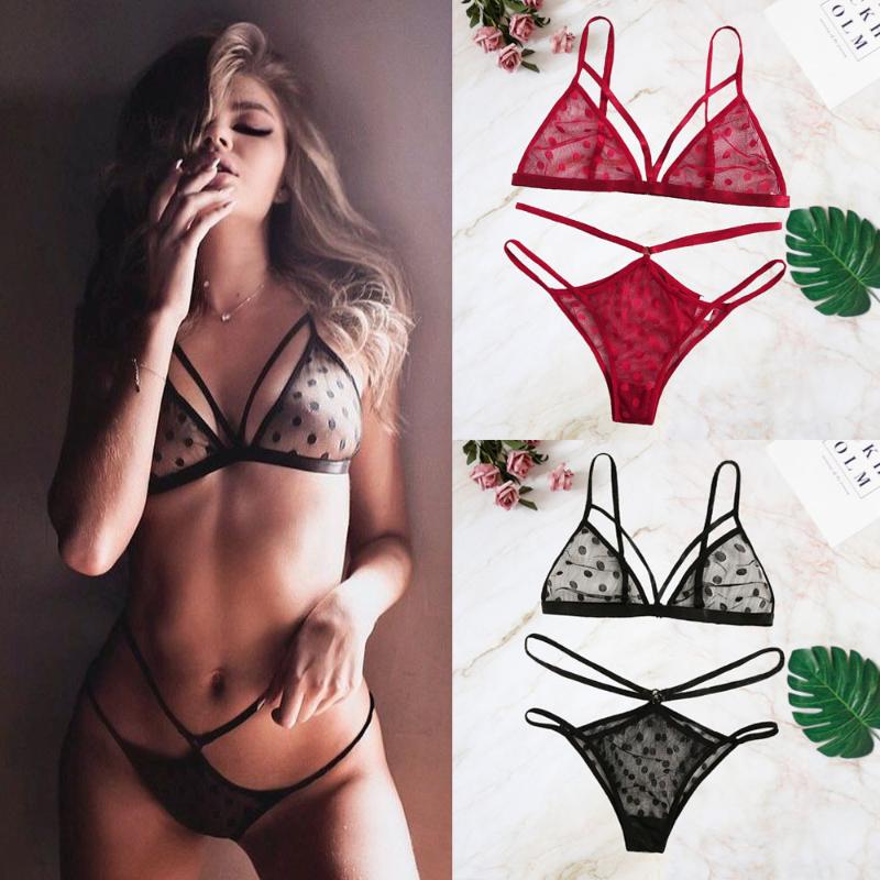 

Sexy Underwear Set Breathable Bralette Sexi Underpants Dots Sheer Mesh Lingerie Set Invisible Bra Women Sexy Red Lingerie