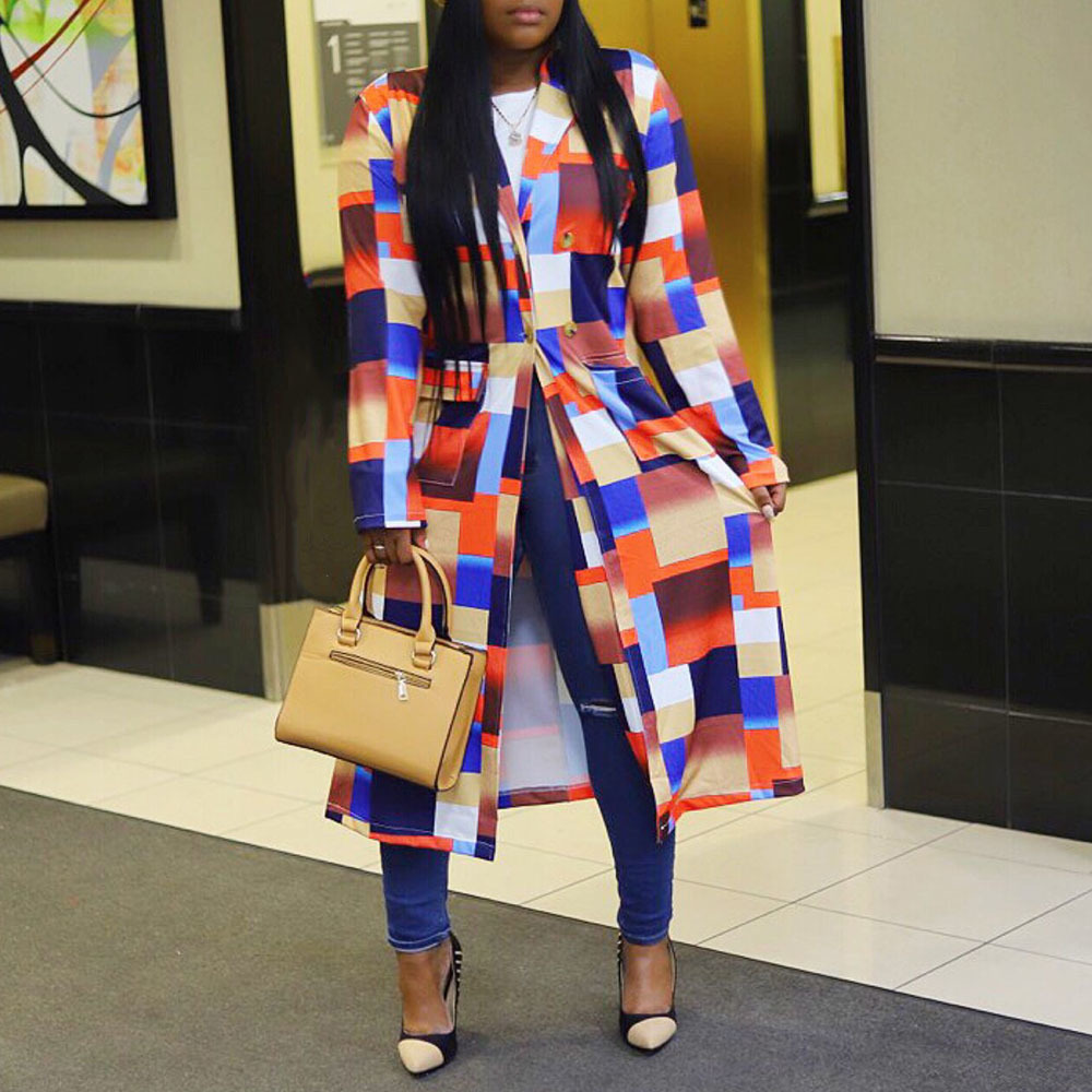 Color Block Plaid Long Trench Coat for Women Plus Size Fashion Casual Office Ladies Work Autumn Double Breasted Outwear Sale 201030