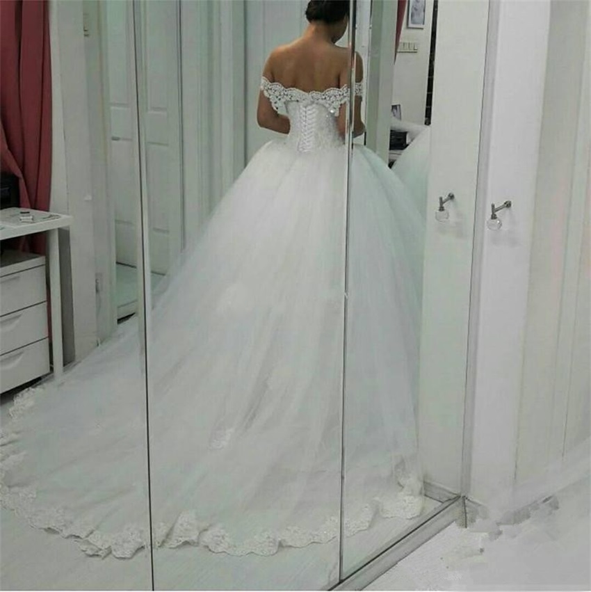Gorgeous Off Shoulder Ball Gown Princess Lace Wedding Dresses Sweetheart Appliques Beaded Wedding Gowns Puffy Lace-Up Tulle Bride Dress 2023