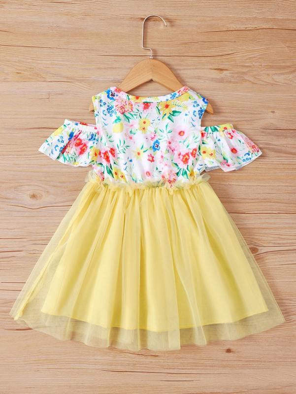 Toddler Girls Floral Print Cold Shoulder Mesh Panel Dress SHE