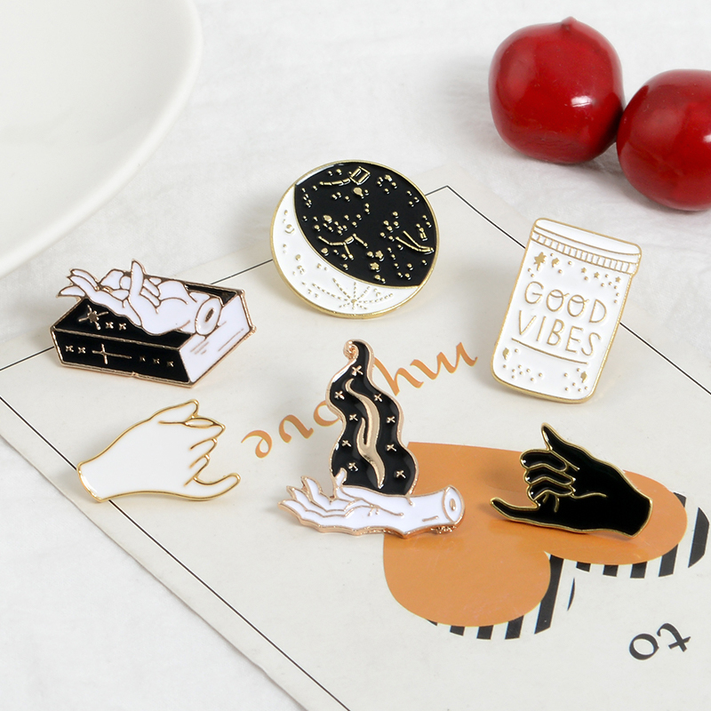 Witch hand Pins collection Constellation Moon Shadows Witchcraft Books Flame Brooches Witchy