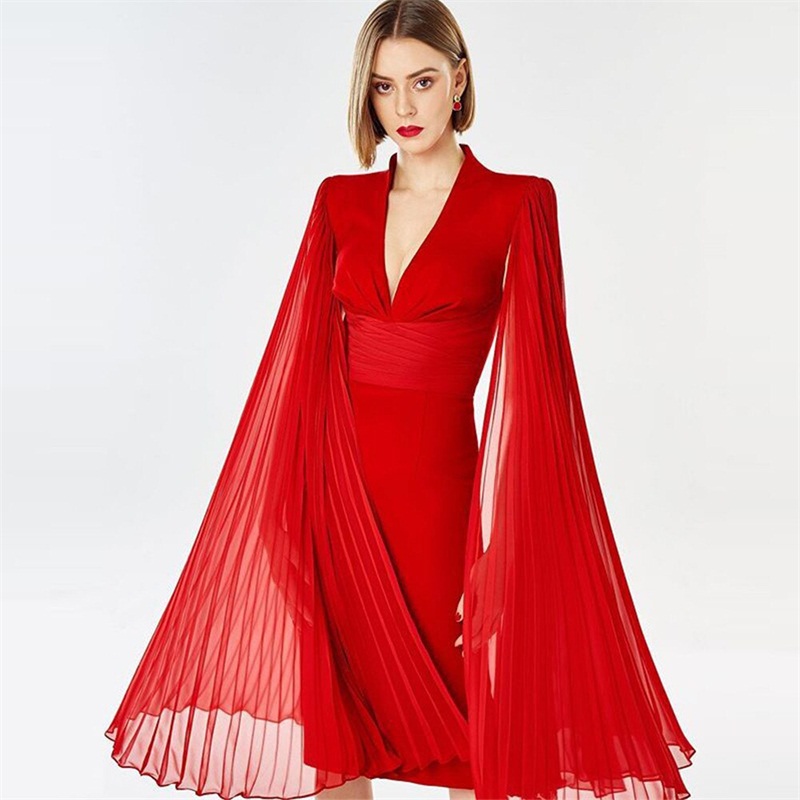 Bright Red Prom Dresses V Neck Long Sleeves Ruffles Formal Party Gowns Vestidos De Fiesta Modern Fashion Knee Length Evening Dress
