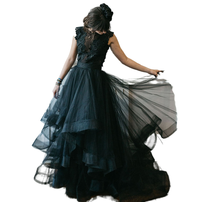 Gothic Black Wedding Dresses Vintage Garden Bridal Gowns Custom Made A Line Vestidos Tulle Lace Keyhole Back Appliqued Tiered Ruffes Scoop Unique Rust