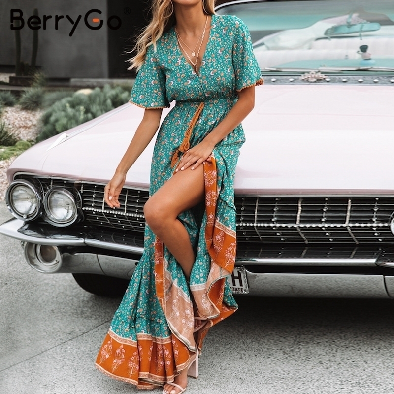 BerryGo women dresses Bohemian dresses print summer dress Short sleeve ruffled long maxi dress vneck drawstring ladies vestidos T200320