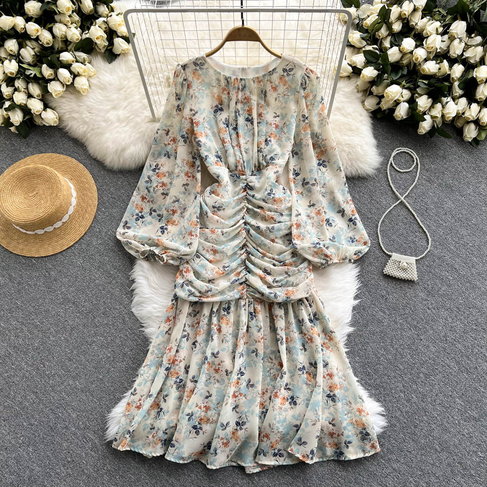 Bohemian Women Floral Chiffon Draped Long Dress Boho Vacation Beach Robe Female Puff Long Sleeve High Waist Party Vestidos New 2022