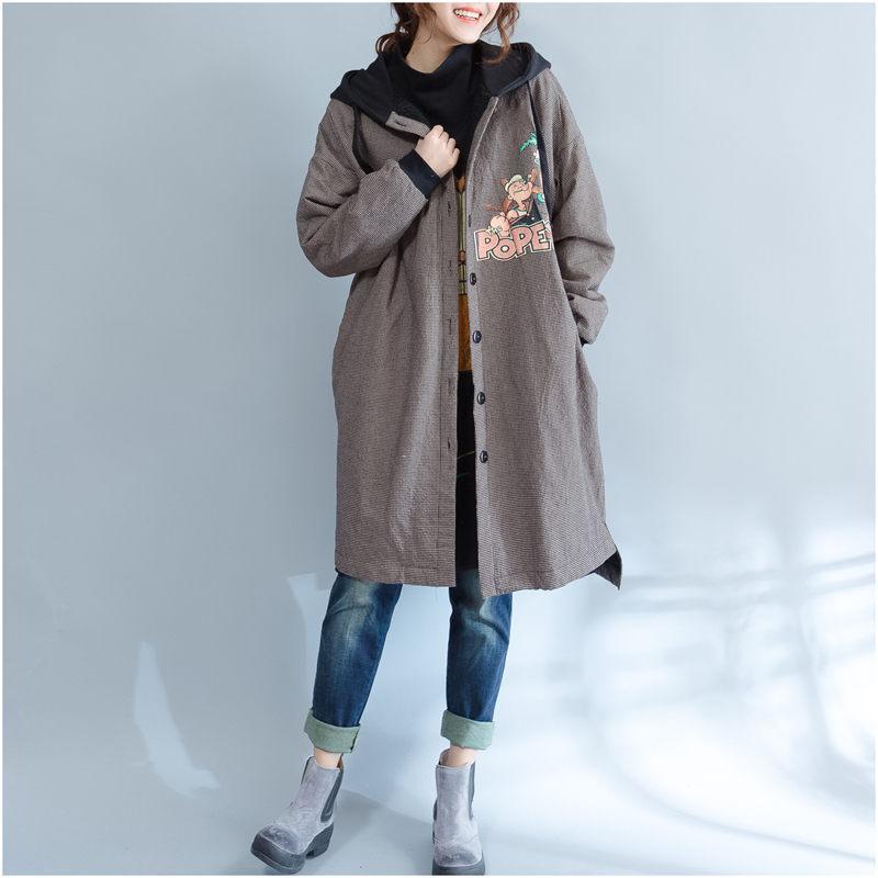 Large Size Autumn Winter Outwear Women Loose Fleece Thick Warm Hooded Cotton Coats Casual Cardigan Cartoon Plaid Jacket f1610 201106