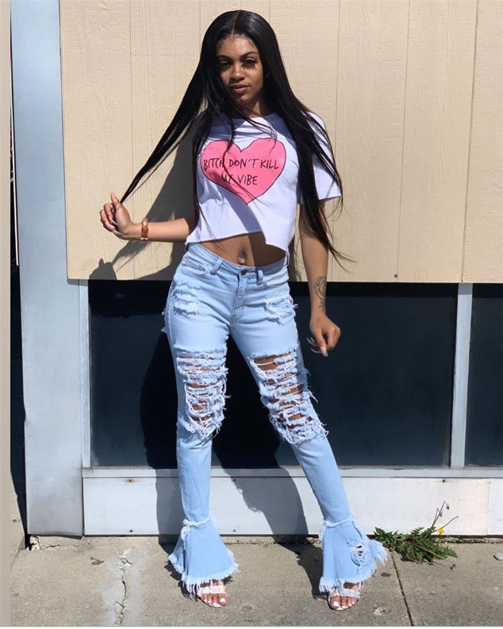 Tsuretobe Ripped Jeans For Women High Waist Jeans Vintage Flare Jeans With Holes Patchwork Bell Bottom Jean Denim Pants Trousers T200608