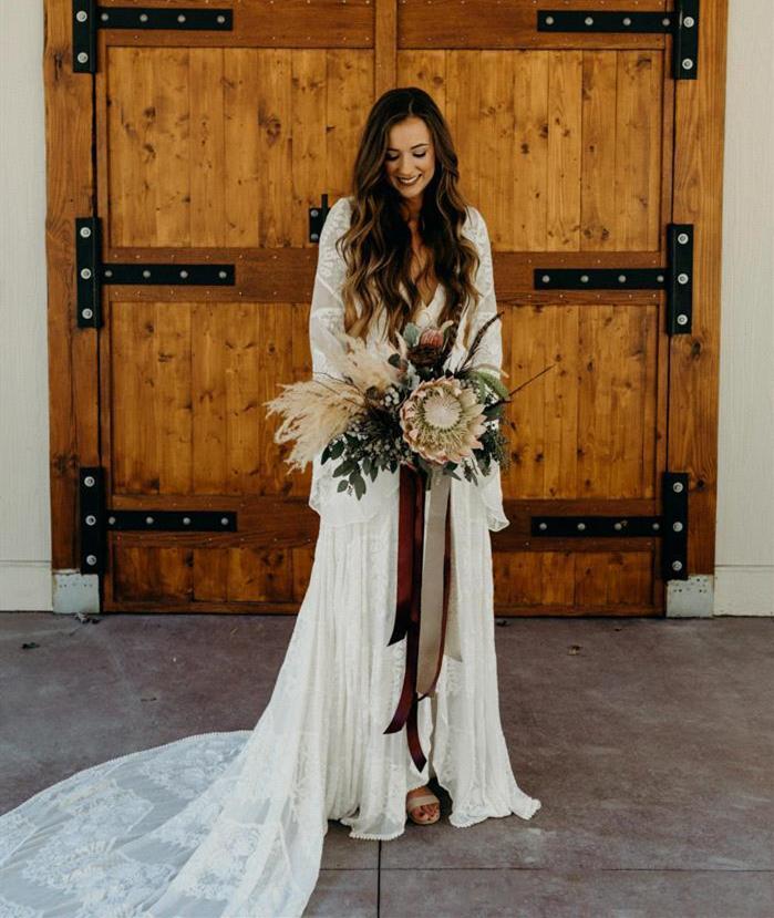 Rustic Country Lace A Line Wedding Dress Long Train Bohemian Bridal Gowns With Flare Full Sleeves Ivory Boho Beach Bride Wedding Dresses 2022 Robe De 