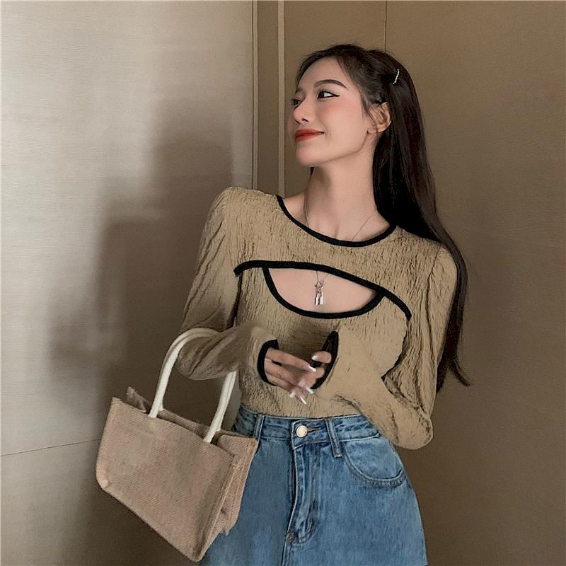 Long-sleeved T-shirt women Korean style hollow out all-match white T-shirt women autumn new tight-fitting inner base shirt 201028