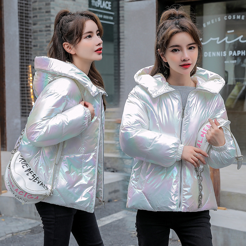 Women Winter Jacket Coats Hooded Tie dye Shiny Fabric Parkas Thick Warm Down Cotton jackets Zipper Padded Pocket Cold Outwear 201027