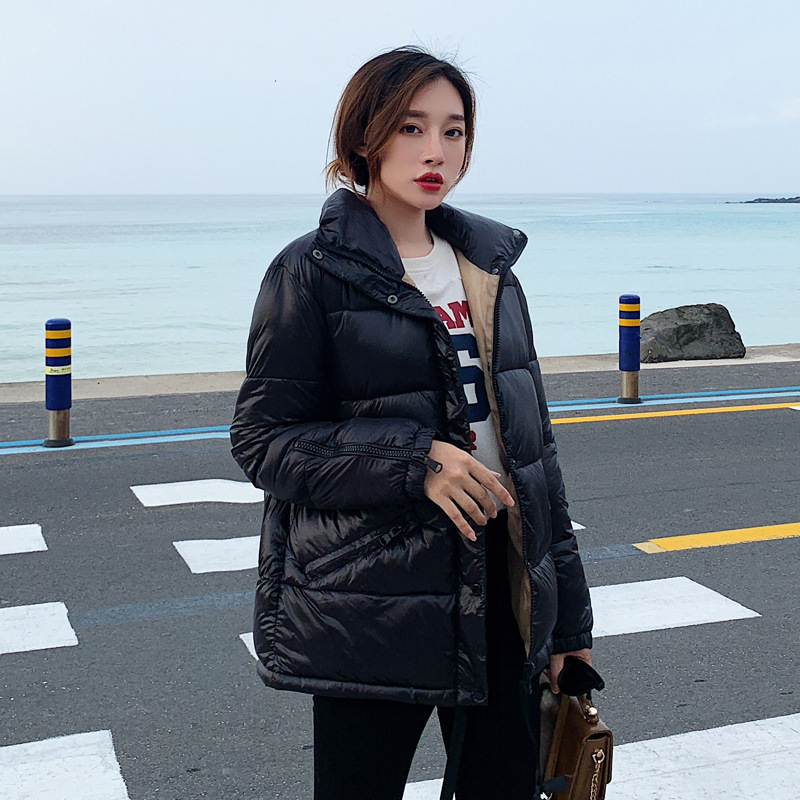 2020 Short Glossy Parka Autumn Winter Thick Short Jacket Women Fashion Solid Stand Collar Parka Coat Female Office Lady T200828