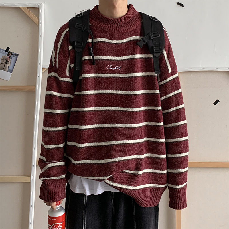 Privathinker Men's Half-turtleneck Embroidered Striped Sweater Winter Warm Woman Korean Streetwear Fashion Pullovers 201224