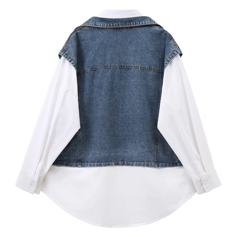Women White Irregular Denim Big Size Blouse New Lapel Long Sleeve Loose Fit Shirt Fashion Spring Summer 1X255 201201