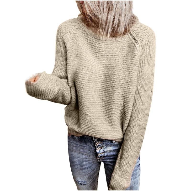

Zipper Sweater Winter Women' Solid Color High Neck Loose Long-Sleeved Side Sweaters sweter damski pull femme donna maglioni, Khaki