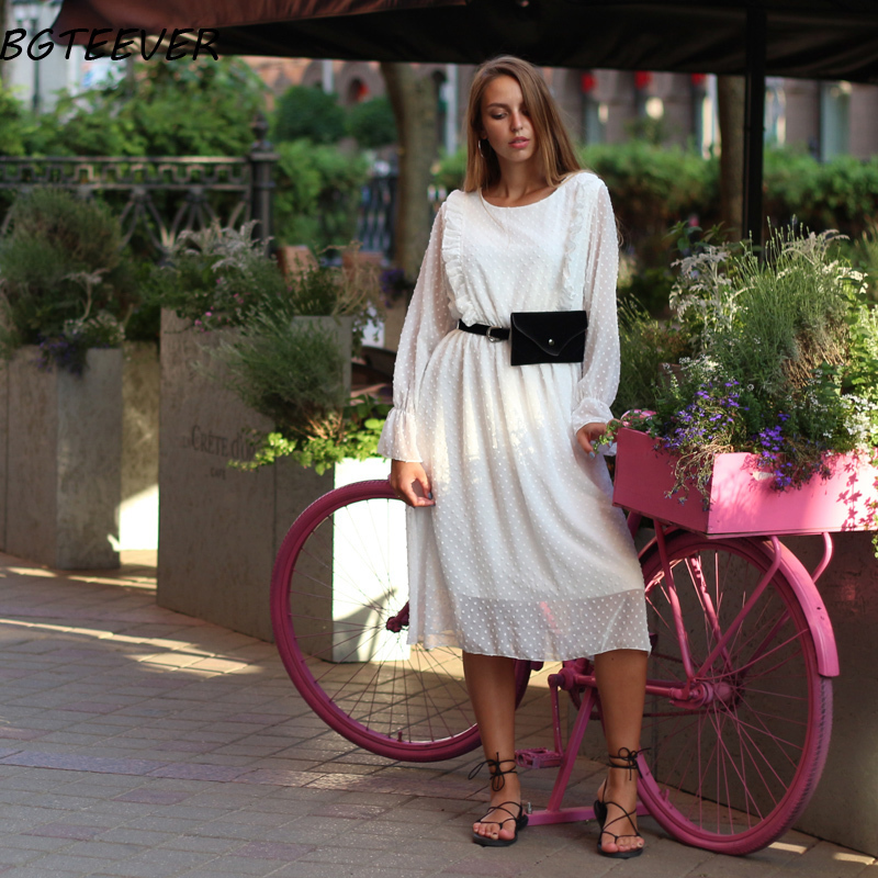 BGTEEVER Ruffles Polka Dot Women Chiffon Dress Elastic Waist Flare Sleeve Female Long Vestidos Aline White Dress T200128