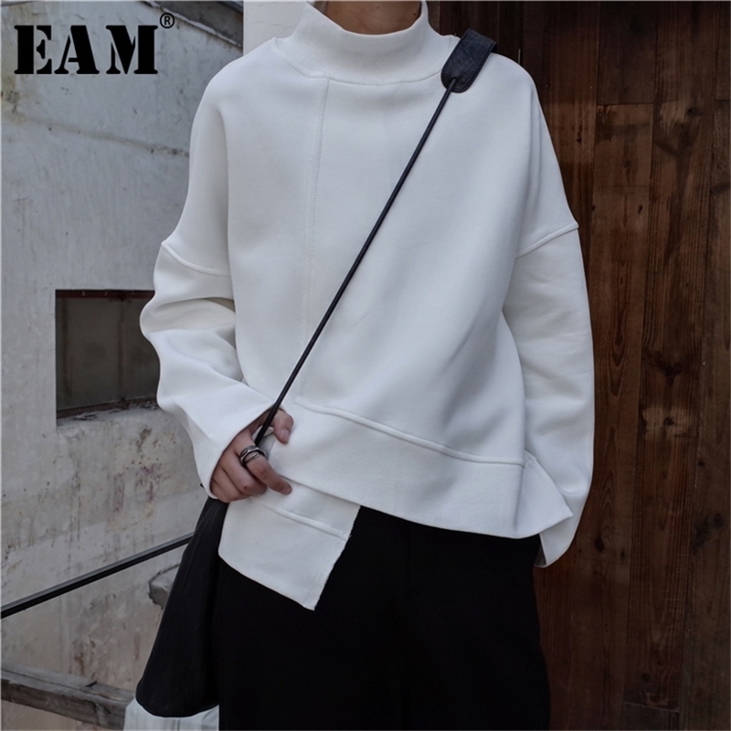 [EAM] New Spring High Collar Long Sleeve Black Loose Irregular Hem Large Size Sweatshirt Women Fashion Tide JK800 201212