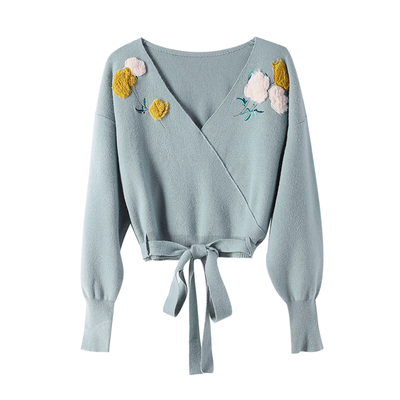 Dabuwawa Elegant Appliques V Neck Sweater Women Lantern Sleeve Sash Hem Tops Fashion Pullovers Sweaters Female DT1DJS017 201130