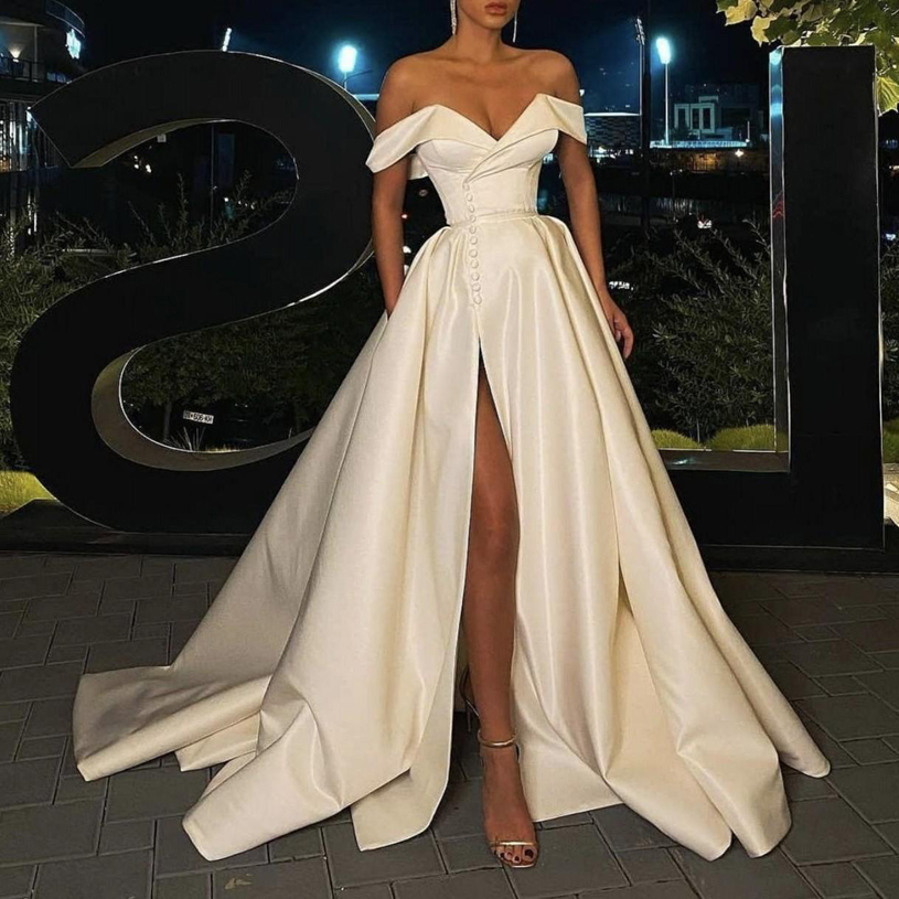 Off Shoulder Split Wedding Dresses 2021 with Cap Sleeves Sweep Train Satin A Line Plus Size Bridal Gowns, White 
Off Shoulder Split Wedding Dresses 2021 with Cap Sleeves Sweep Train Satin A Line Plus Size Bridal Gowns, White