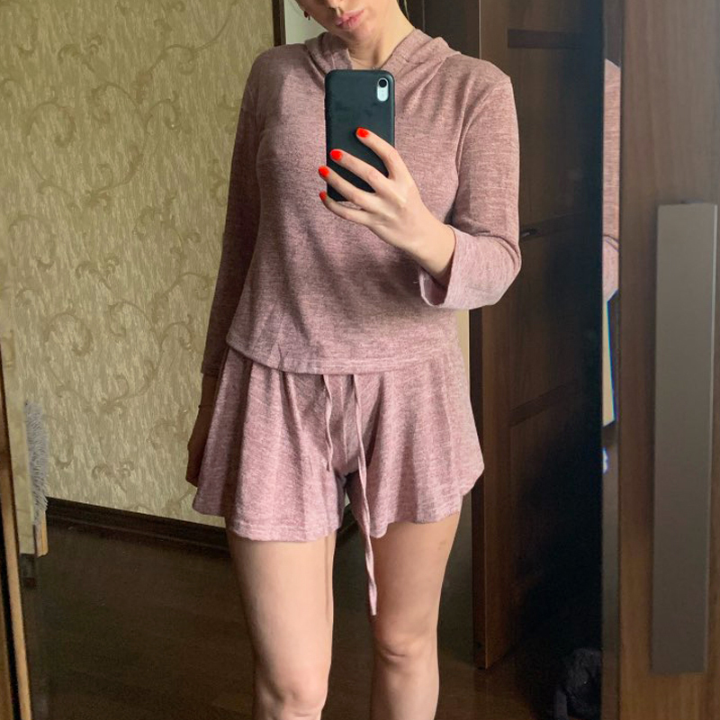 Gaganight Casual Loose Women Two Pieces Set Long Sleeve V Neck Hoodies Women Pajama Set Short Tracksuit Female Sport Suit T200610