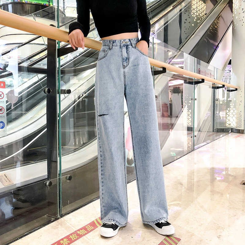 2021 New Spring summer vintage high-waisted even street drapeja cut leg wide tube straight pants women's jeans E0KF, Light blue
2021 New Spring summer vintage high-waisted even street drapeja cut leg wide tube straight pants women's jeans E0KF, Light blue