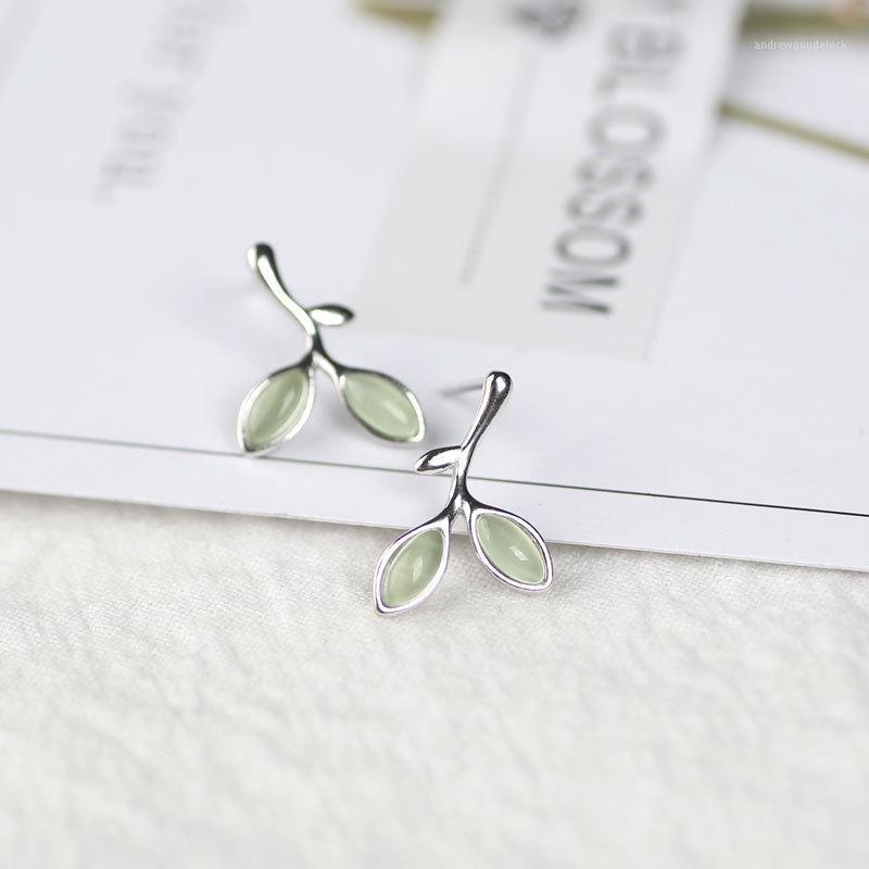 Stud Leaf Shape Earring 925 Sterling Silver Earings For Women Opal Green Stone Ear Pierced Earings1